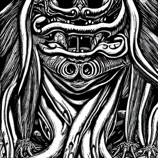 Prompt: cthulhu by H.R Giger, in the style of junji ito, digital art