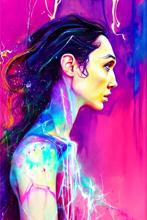 Image similar to gal gadot by agnes cecile enki bilal moebius, intricated details, 3 / 4 back view, full body portrait, extremely luminous bright design, pastel colours, drips, autumn lights