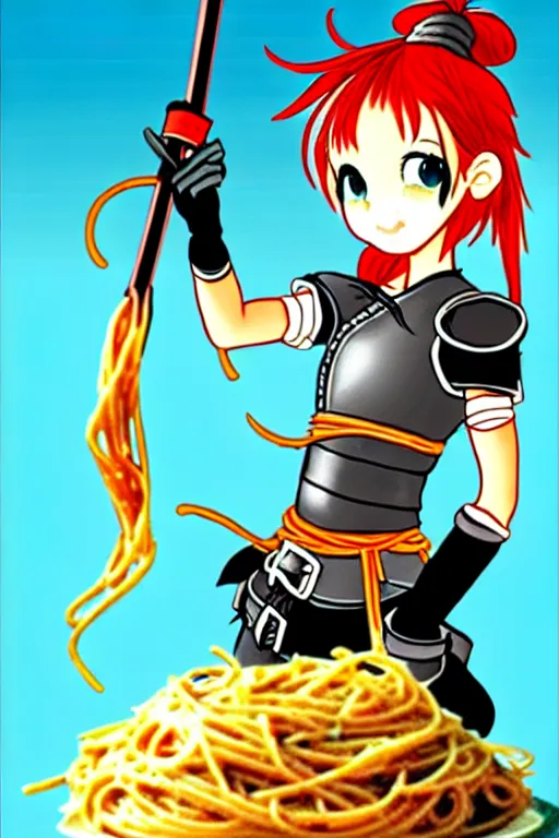 Image similar to A cute spaghetti-girl thief protagonist with leather-strap-armor and ninja weapons is exploring the tenth reality. A highly detailed fantasy character in the style of Seuss