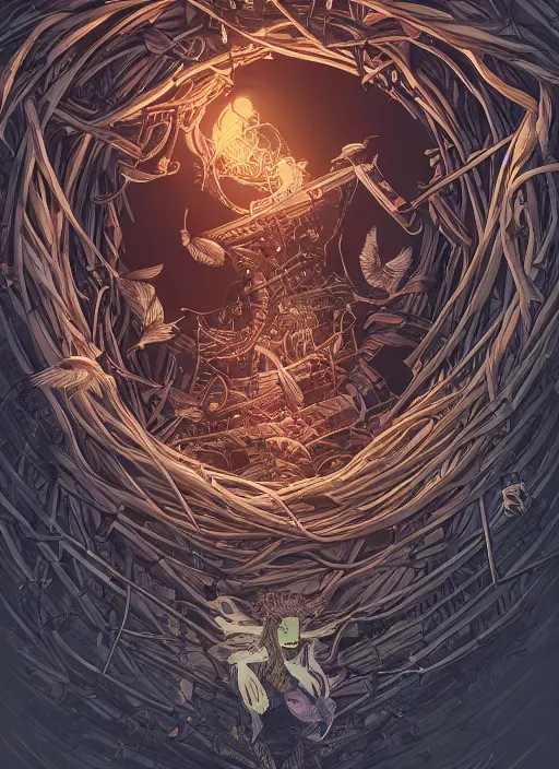 Image similar to crows nest like a head wreath, cruelty, black crows, light effect, hyper detailed, intricate, elegant, highly detailed, digital painting, artstation, concept art, matte, sharp focus, illustration, by dan mumford, yusuke murata, makoto shinkai, ross tran