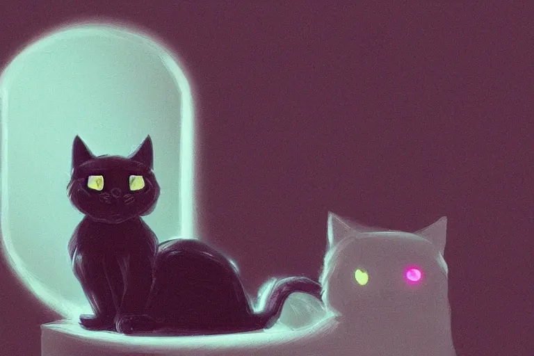 Prompt: meowing black cat sitting next to a glowing doorway, digital illustration, artstation, artstation hq, hd