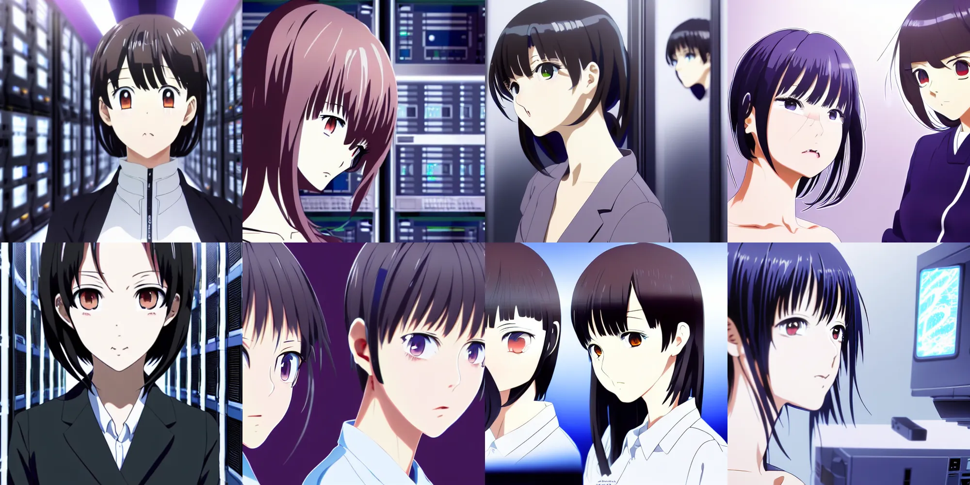 Prompt: anime still film anime shikishi, two female character system engineer with handy pc in data center server room, cute face by ilya kuvshinov yoshinari yoh makoto shinkai katsura masakazu kyoani, dynamic perspective pose super detailed facial features eyebrowless symmetry, gapmoe yandere grimdark, crisp and sharp cel shade ambient light n