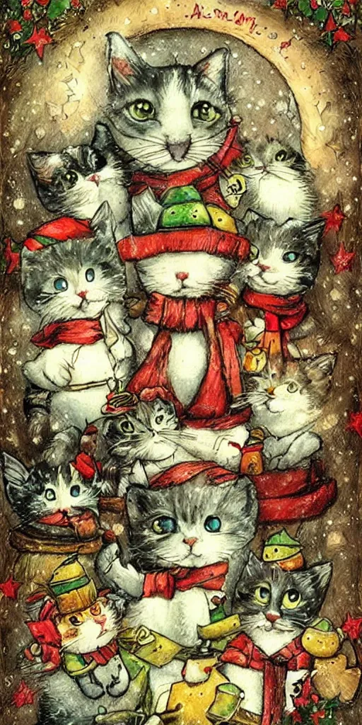 Image similar to a christmas kittens scene by alexander jansson