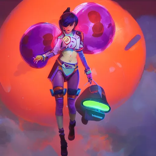 Image similar to magic mushroom, d. va from overwatch wearing orange puffy bomber jacket, craig mullins style