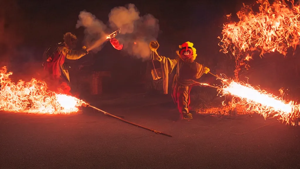 Image similar to photo of a clown using a flamethrower projecting a long bright flame towards a dumpster fire. award-winning, highly-detailed, 8K