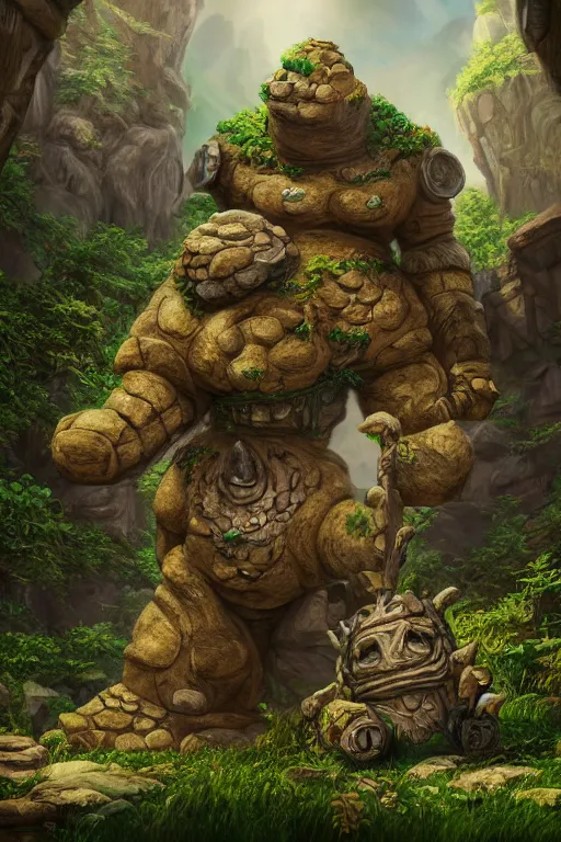 Image similar to zelda fantasy art giant golem troll wood rock greeble gemstone, global illumination ray tracing hdr fanart arstation by sung choi and eric pfeiffer and gabriel garza and casper konefal