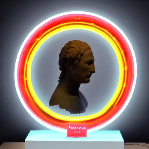 Image similar to a 3 d neon circle surrounding the head of a renaissance statue