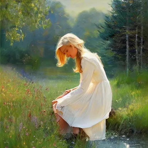 Image similar to blonde woman, dress, swedish countryside, archipelago, morning, masterpiece, highly detailed, beautiful, atmospheric, impressionism, painting by Vladimir Volegov