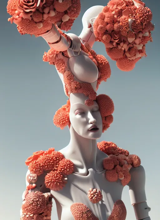 Image similar to biomechanical mannequin carrying perfume enchanted coral kingdom made of corals, daisies, roses in an ivory room well contoured smooth fair walls, up close shot, sharp focus, global illumination, radiant light, alexandre ferra white mecha, irakli nadar, octane highly render, 4 k, ultra hd,