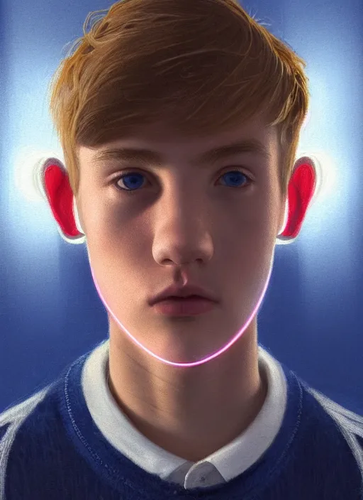 Image similar to portrait of a teenage boy named moose mason, blonde short hair, jock, beefy, square jaw, square facial structure, 1 9 5 0 s, blue varsity jacket, intricate, elegant, glowing lights, highly detailed, digital painting, artstation, concept art, smooth, sharp focus, illustration, art by wlop, mars ravelo and greg rutkowski