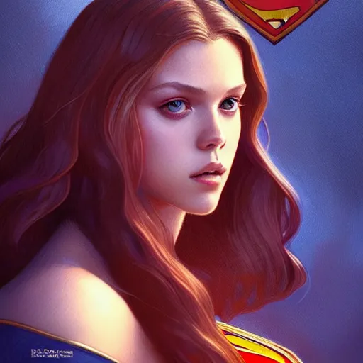 Prompt: beautiful Nicola Peltz as Super Girl, western, closeup, D&D, fantasy, intricate, elegant, highly detailed, digital painting, artstation, concept art, matte, sharp focus, illustration, art by Artgerm and Greg Rutkowski and Alphonse Mucha