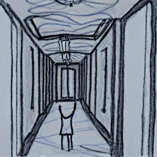 Image similar to “ child ’ s bad crayon drawing of the overlook hotel interior ”