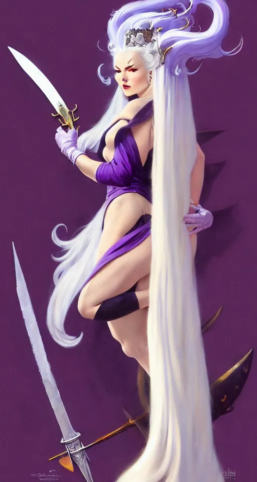 Image similar to frank frazetta painting of queen of hokra, silver white hair, violet long gown, full body, sorceress sword, soft lighting, trending on artstation, by huang guangjian and gil elvgren and sachin teng