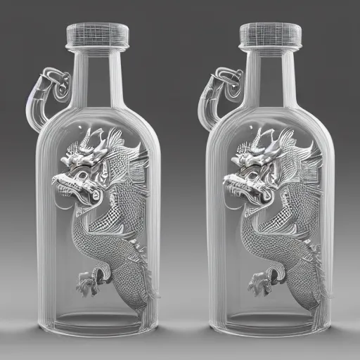 Image similar to transparent ancient boar flask with a Chinese dragon, raytracing, orthographic 3d rendering, octane render