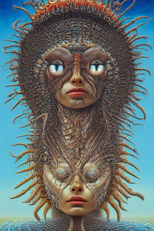 Image similar to THE QUEEN OF THE SUN by jacek yerka, alex gray, zdzisław beksiński, dariusz zawadzki, jeffrey smith and h.r. giger, oil on canvas, 8k highly professionally detailed, trending on artstation