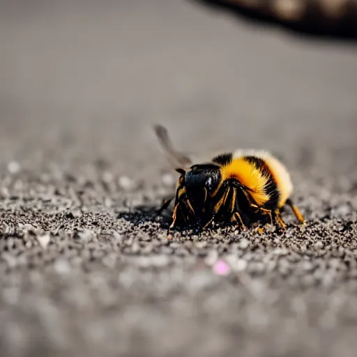 Image similar to dog stepping on a dead bee on the concrete ground, close up, macro, dslr photography