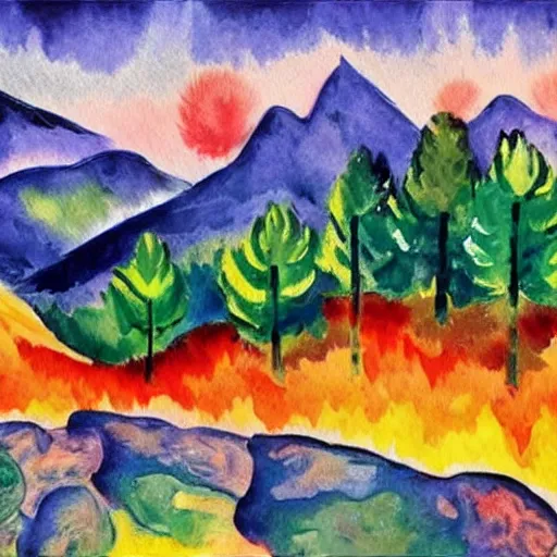 Image similar to fauvism artstation watercolor landscape, mountain with pine trees.