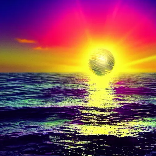 Image similar to Photo of a shimmery glowing orb emerging from the ocean over a synthwave sunset, ultrarealistic