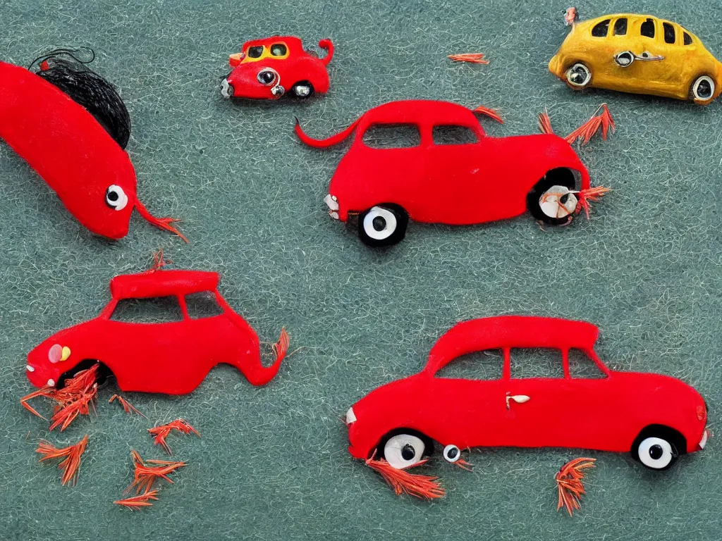 Prompt: juxtaposition a dancing rat with one red car and a clock with a fish and sea grass surrealism abstract