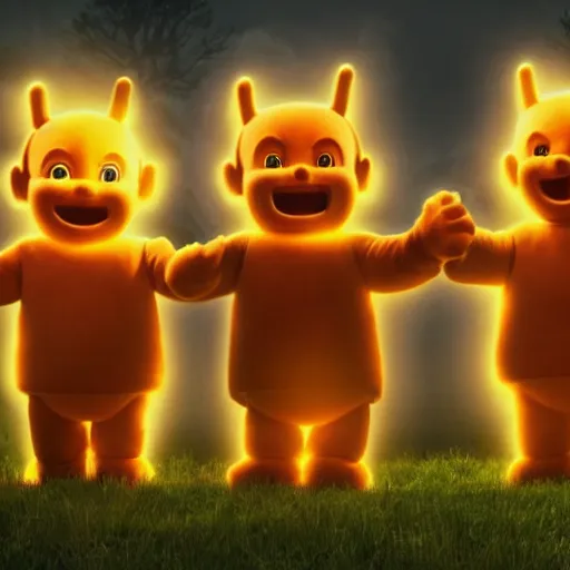 Image similar to A group of 4 Teletubbies that are part of a demonic cult, in the dense woods at night, laughing while in the act making a human sacrifice to Norse gods. Highly detailed, rendered in unreal engine 5, daguerreotype portrait.