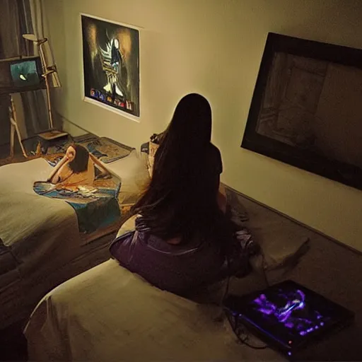 Prompt: “ the exorcist playing a 2 player game on nintendo in her room with samara morgan from the ring, photo realistic, hyper detailed, hdr, 4 k, featured on artstation ”
