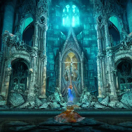 Prompt: an intricate photograph of an underwater gothic cathedral at the bottom of the ocean surrounded by mermaids by david lachapelle, francisco goya, william blake, dark and scary abyssal ambient, photorealistic, octane render, unreal engine, 4 k, smooth zenithal lighting, subaquatic photography,