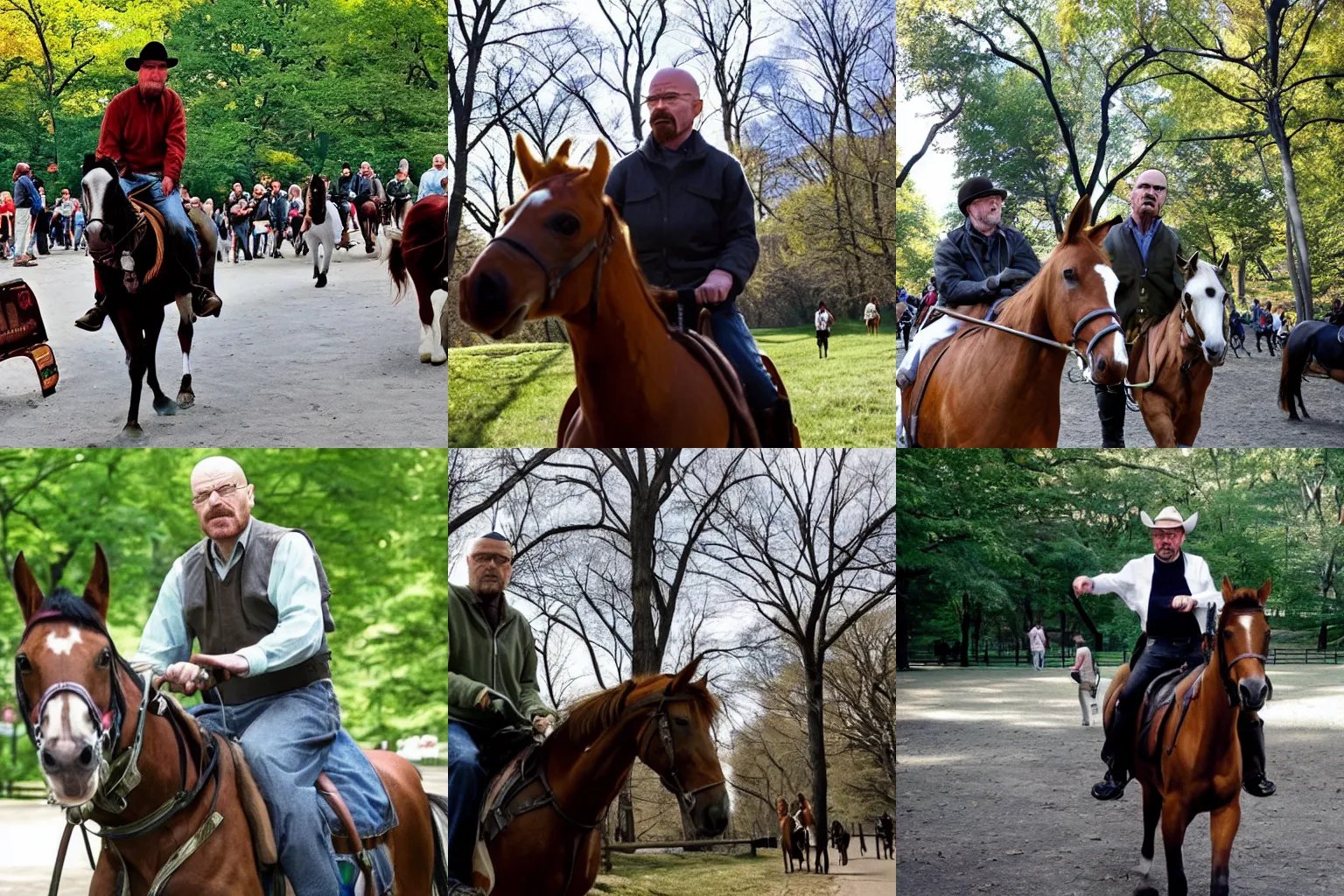 Prompt: walter white riding a horse through central park