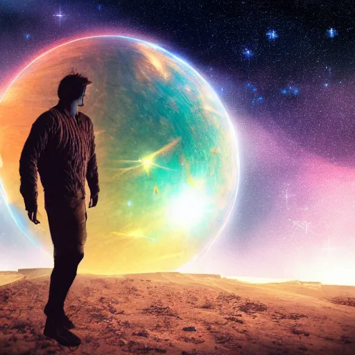 Prompt: enormously detailed hd photo art of a man just landed on future glowing colorful space in planet in the style of Greg Rutswoski, wide angle shot, stars shining around, concept art