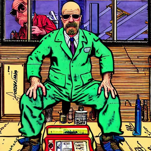 Image similar to The Artwork of R. Crumb and his Cheap Suit Breaking-Bad-Walter-White meth-lab, wearing a bio-hazard suit pencil and colored marker artwork, trailer-trash lifestyle