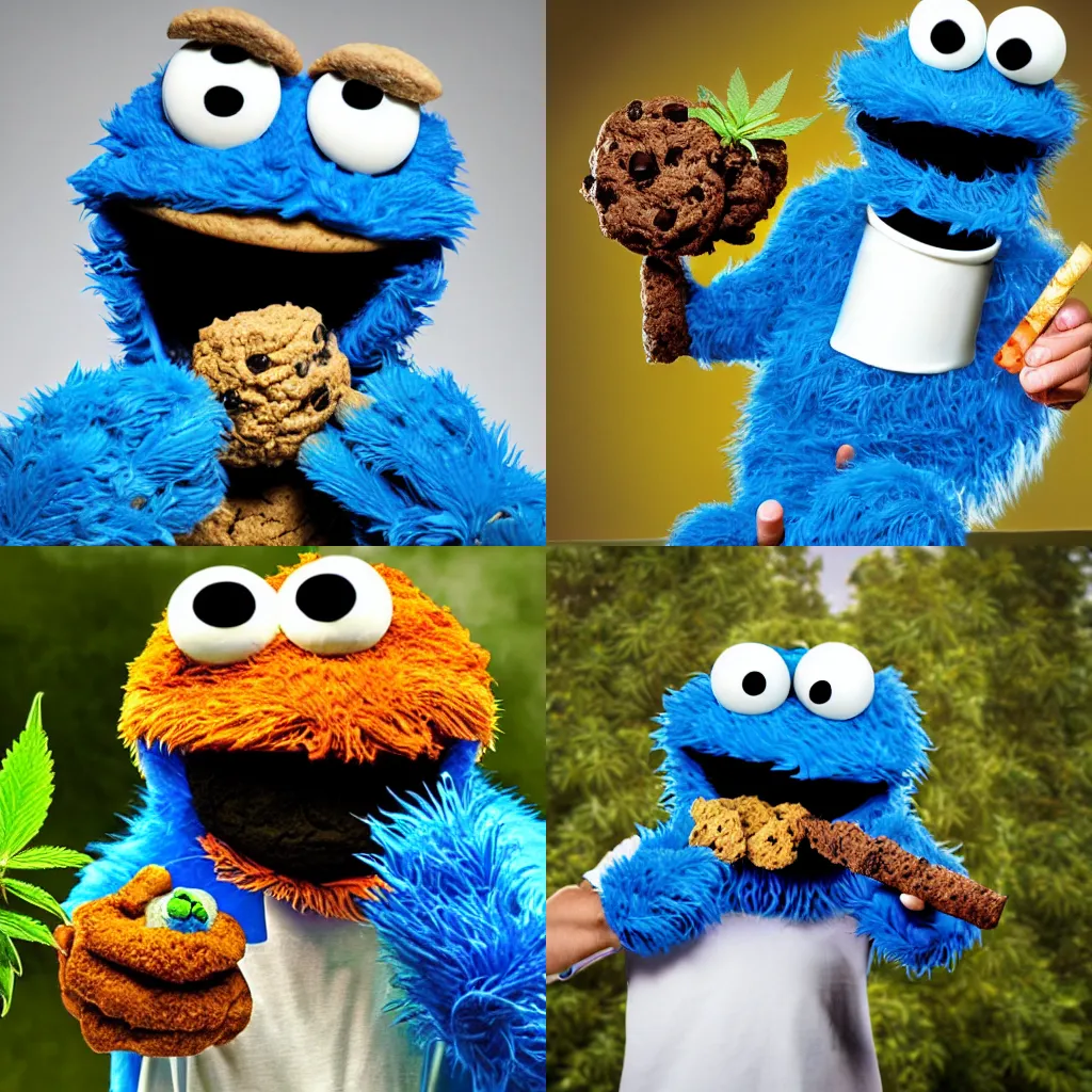 Prompt: cookie monster holding a weed plant and smoking weed