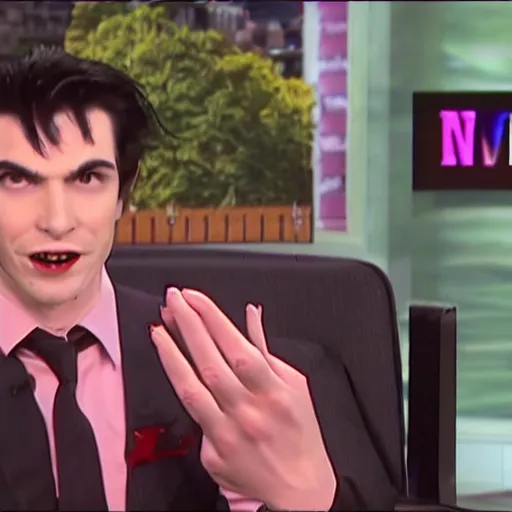 Prompt: vampire being interviewed on national television about pizzas paiting, high deatils