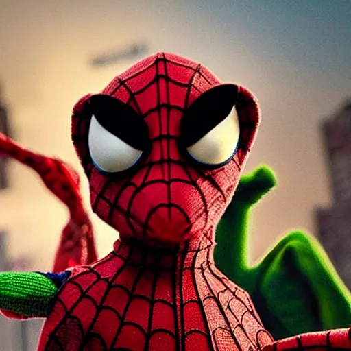 Prompt: photo of Kermit the frog as spider man in averngers movie