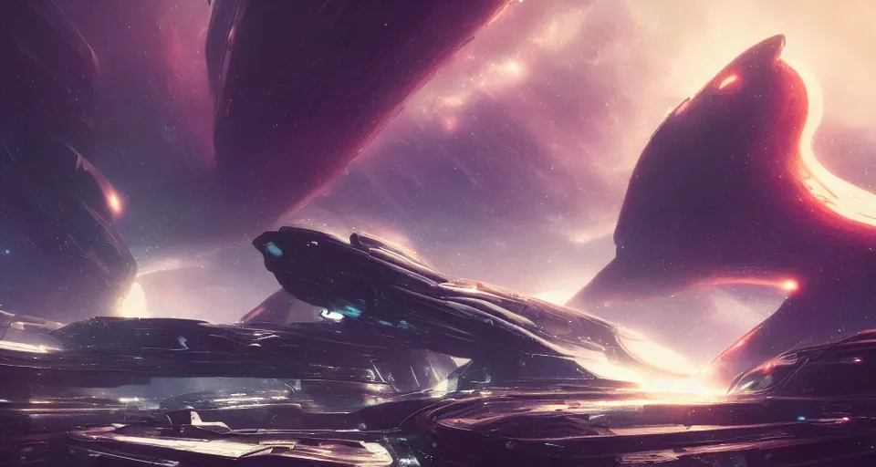 Prompt: Retro futuristic Sci-Fi space scene by Ridley Scott and Greg Rutkowski, Giant spaceship, nebulas swirls