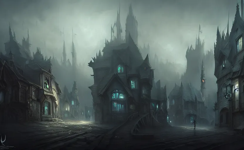 Prompt: extreme long shot concept art depicted old english majestic town, dramatic mood, overcast mood, dark fantasy environment, detailpunk, art inspired by league of legends and arcane, style by paulus decker, jason engle, jordan grimmer, trending on artstation, unreal engine, golden ratio, spectacular composition, realistic architecture