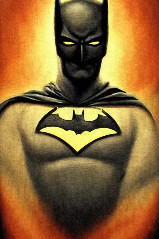 Prompt: Batman portrait painting at golden hour , Tonalism art style