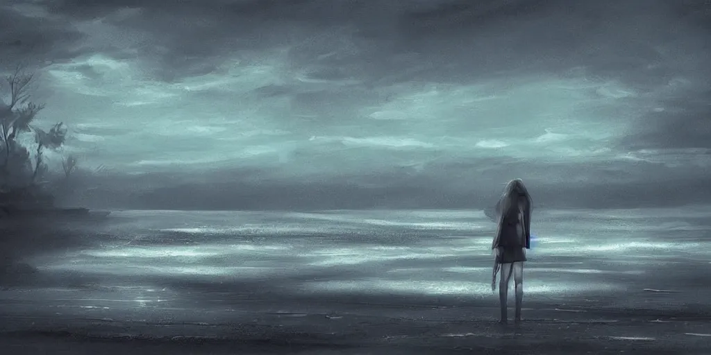 Image similar to digital art, trending on artstation, melancholic beach in the night