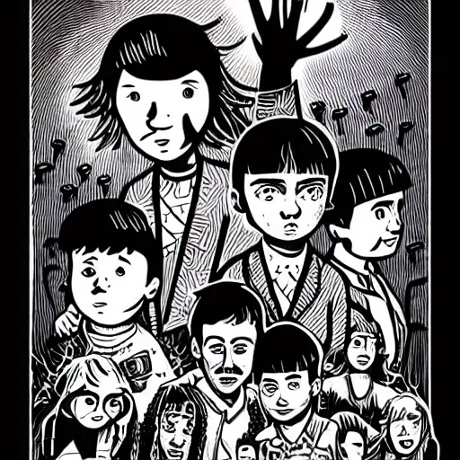 Image similar to mcbess illustration of strangers things kids