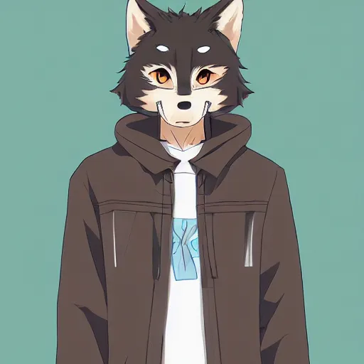 Image similar to key anime visual portrait of an anthropomorphic anthro wolf fursona, in a jacket, with handsome eyes, official modern anime art