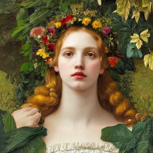 Prompt: masterpiece beautiful seductive flowing curves preraphaelite face midsommar portrait of hannah murray, glasses, green hair, as the may queen, flower crown, amongst leaves, yellow ochre ornate medieval dress, amongst foliage, gold gilded circle halo, kilian eng and frederic leighton and rosetti, 4 k