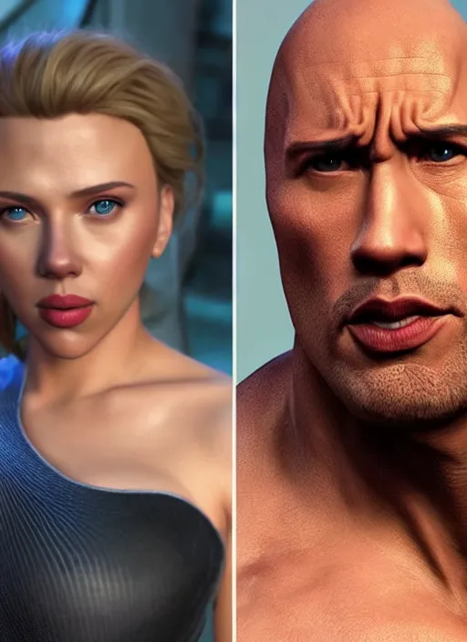 Prompt: a beautiful portrait of Scarlett Johansson as Dwayne the rock Johnson !dream Madison Beer as a video game character, digital art, unreal engine, unreal engine render, blender render, render, 4k, coherent