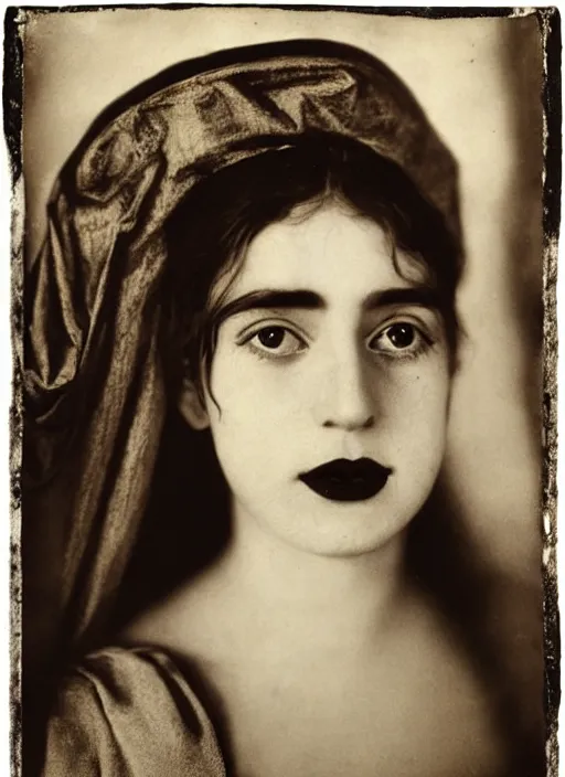 Image similar to portrait of young woman in renaissance dress and renaissance headdress, art by tina modotti