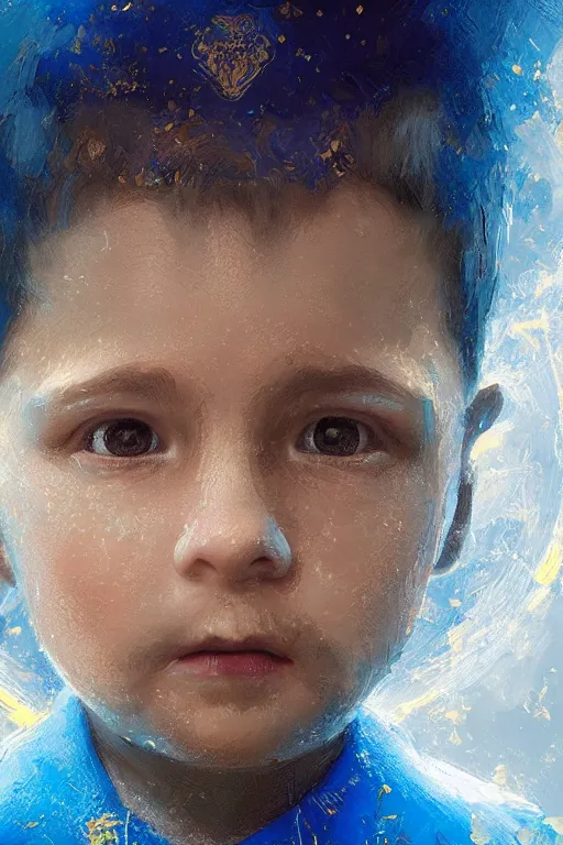 Image similar to little boy, close - up portrait, the portrait is decorated with blue and gold art deco patterns, powerfull, intricate, elegant, volumetric lighting, scenery, digital painting, highly detailed, artstation, sharp focus, illustration, concept art, ruan jia, steve mccurry