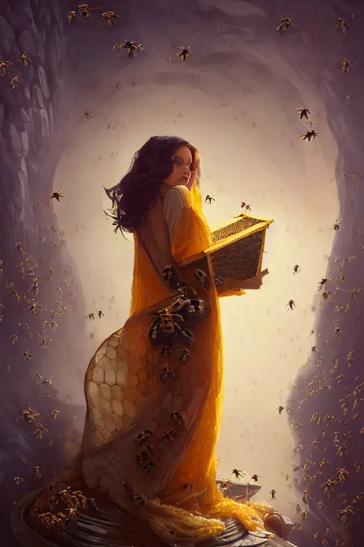 Image similar to fantasy beekeeper, stunning woman, wearing nanotech honeycomb robe, silky, surrounded by bees, cinematic, greg rutkowski, peter mohrbacher