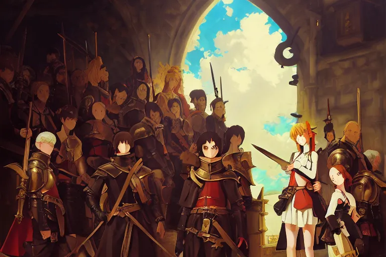 Image similar to baroque oil painting of anime key visual concept art of anime girl medieval revolutionaries, armored knights, dark fantasy, rule of thirds, cinematic lighting, fake hidden detail, trending on pixiv fanbox, acrylic palette knife and brush, style of makoto shinkai studio ghibli genshin impact jamie wyeth james gilleard greg rutkowski