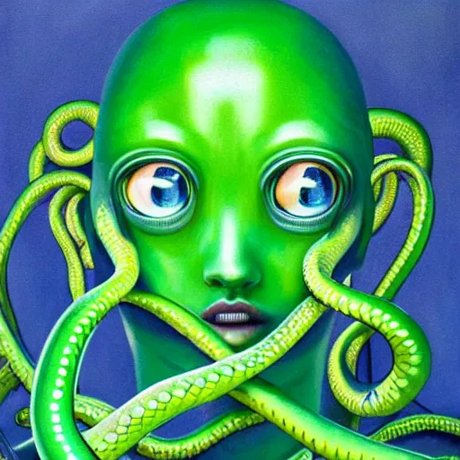 Image similar to 3 d, close - up, fashion model in a blue factory worker's overalls face looking down at the floor eyes sad tentacles instead of hands, green snakes background, soft light, smooth face feature, intricate oil painting, high detail illustration, sharp high detail, manga and anime 1 9 9 9