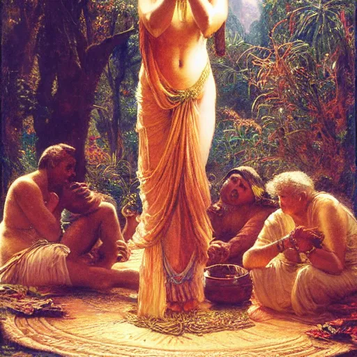 Prompt: srilankan woman worshipping old cunning as prophet, painting by gaston bussiere, craig mullins, j. c. leyendecker, lights, art by ernst haeckel, john william godward, hammershøi,,