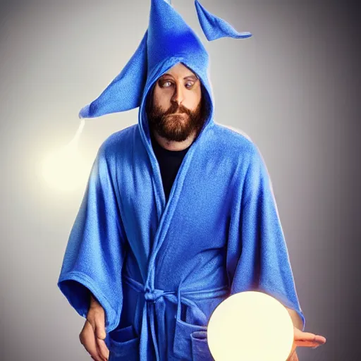 Image similar to handsome minion wearing a blue wizard robe and hat pondering a glowing orb