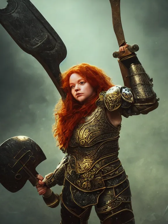 Image similar to dwarven woman, ginger hair, green eyes, holding hammer and shield with plate armour ultra realistic , lens flare, atmosphere, glow, detailed,intricate, full of colour, cinematic lighting, trending on artstation, 4k, hyperrealistic, focused, extreme details,unreal engine 5, cinematic, masterpiece