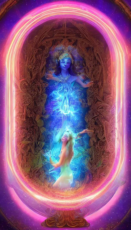 Prompt: goddess of illusion, beautiful, stunning, breathtaking, mirrors, glass, magic circle, magic doorway, fantasy, mist, bioluminescence, hyper - realistic, unreal engine, by lisa frank,