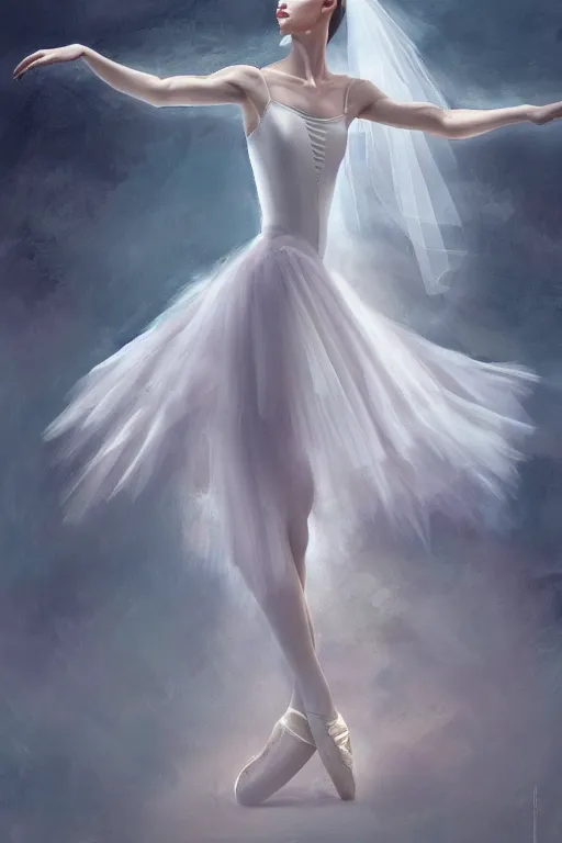 Image similar to prima ballerina dancing in the wind, beautiful face, ethereal, bride, beautiful wedding dress, gorgeous, volumetric lighting, elegant, fluid, very highly detailed, digital painting, concept art, illustration, limited color palette, atmosphere and tension, trending on artstation